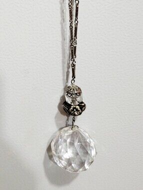 Vintage Style Crystal Ball Pendant Necklace Silver Tone Faceted Glass